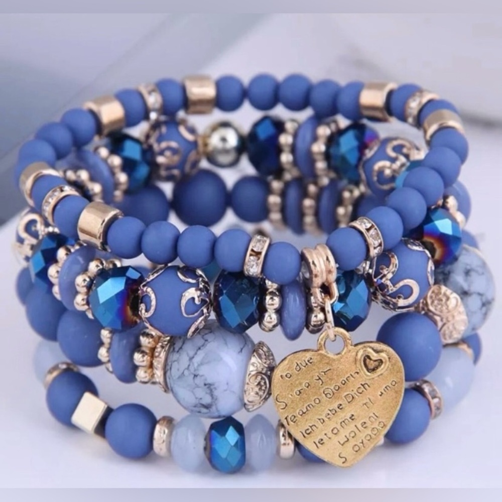 “I Love You” Bracelet • Five Languages • Blue Bohemian Style Beaded Bracelet Set